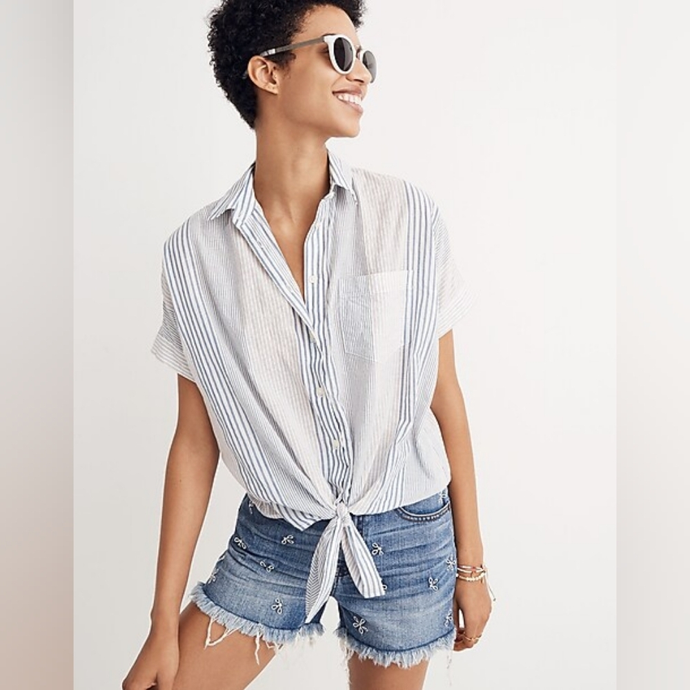 Madewell Short-Sleeve Tie-Front Shirt in Rawley Stripe in Tulum Blue Size XXS